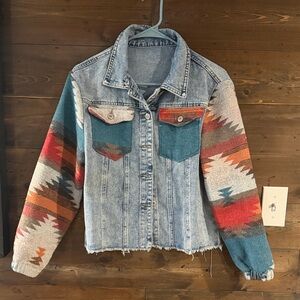 Denim Jacket with Multicolor Patterned Sleeves